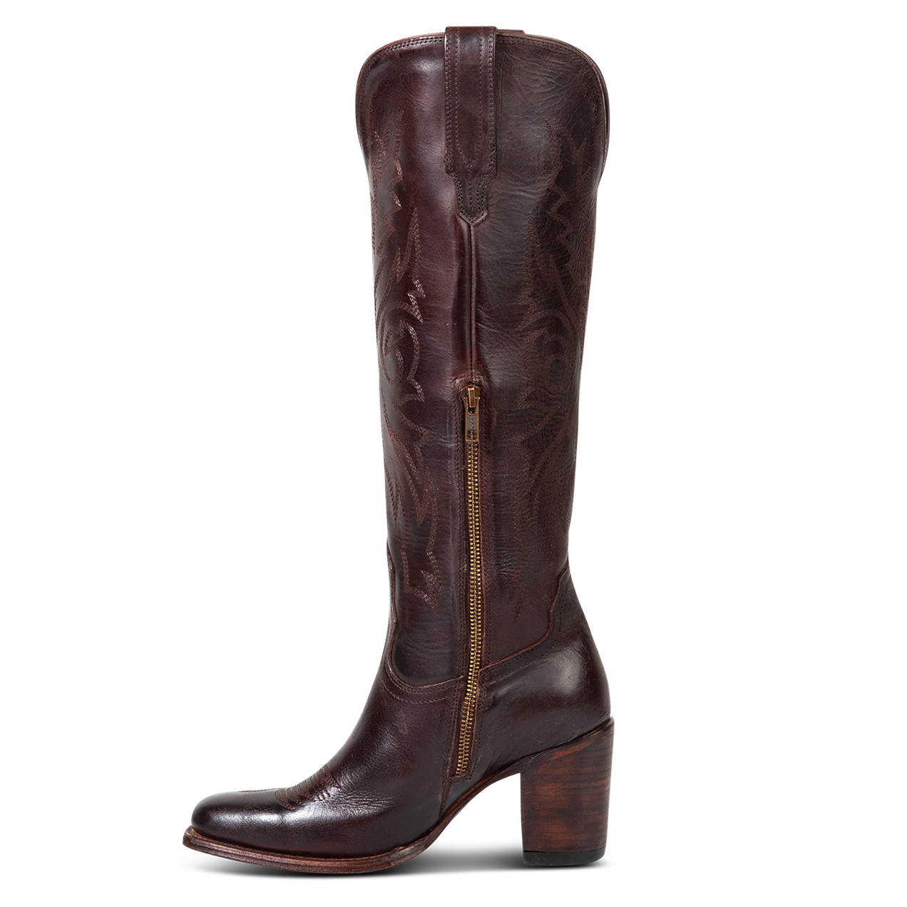 Inside view showing an inside working brass zipper, stacked heel and shaft stitch detailing on FREEBIRD women's Panama brown leather boot