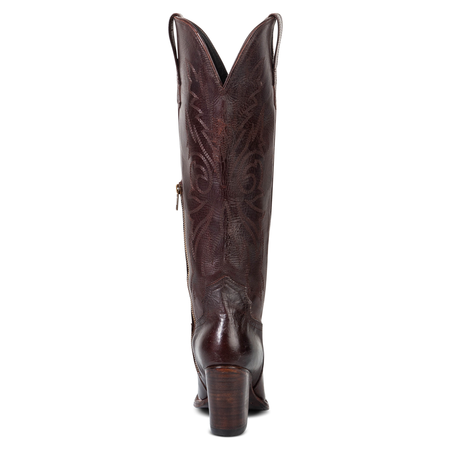 Back view showing a stacked heel, shaft stitch detailing and symmetrical leather pull straps on FREEBIRD women's Panama brown leather boot