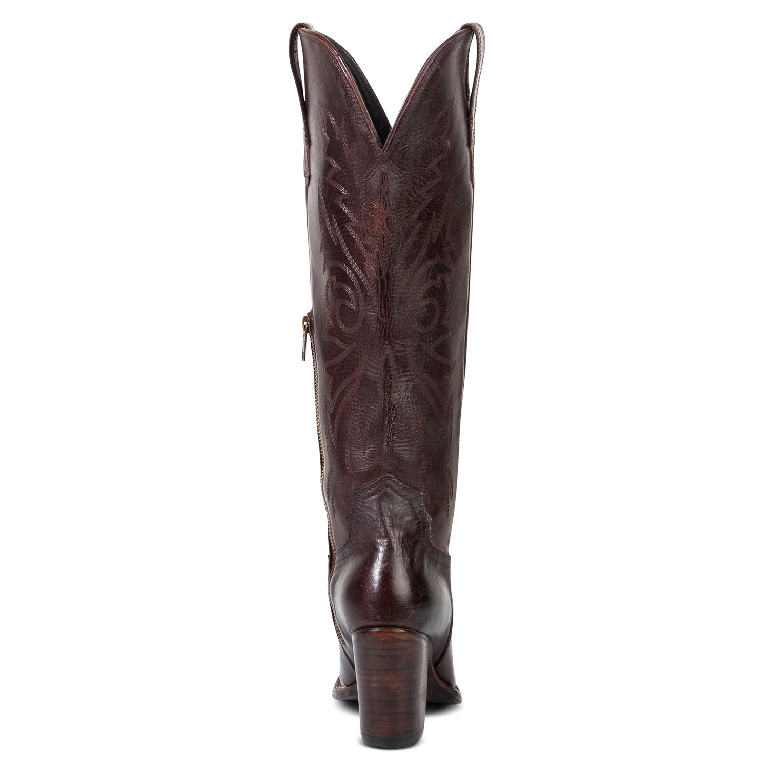 Back view showing a stacked heel, shaft stitch detailing and symmetrical leather pull straps on FREEBIRD women's Panama brown leather boot