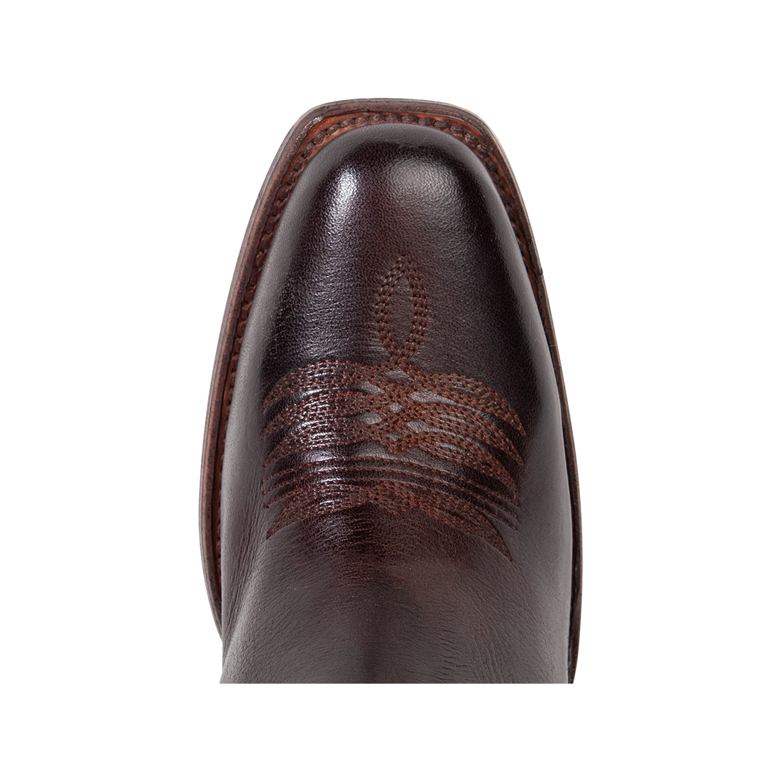 Top view showing a square toe and stitch detailing on FREEBIRD women's Panama brown leather boot