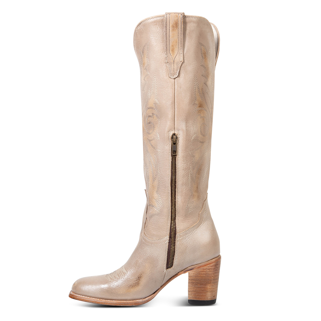 Inside view showing an inside working brass zipper, stacked heel and shaft stitch detailing on FREEBIRD women's Panama taupe leather boot