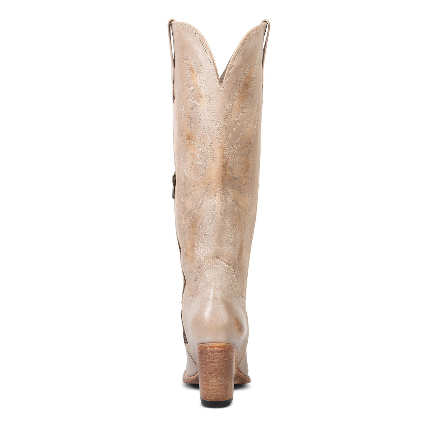 Back view showing a stacked heel, shaft stitch detailing and symmetrical leather pull straps on FREEBIRD women's Panama taupe leather boot