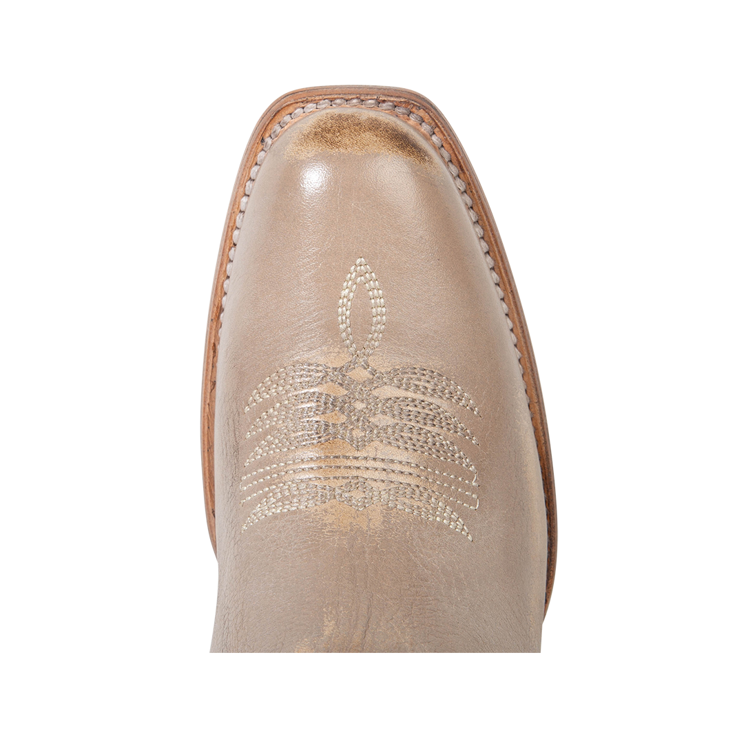 Top view showing a square toe and stitch detailing on FREEBIRD women's Panama taupe leather boot