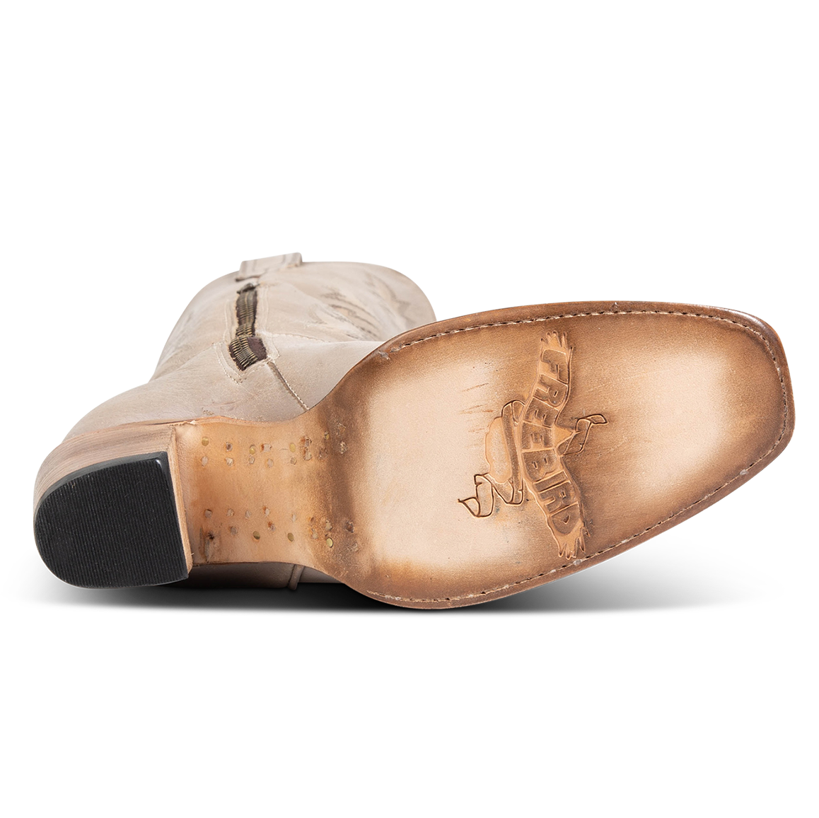Leather sole imprinted with FREEBIRD on Panama women's taupe leather boot