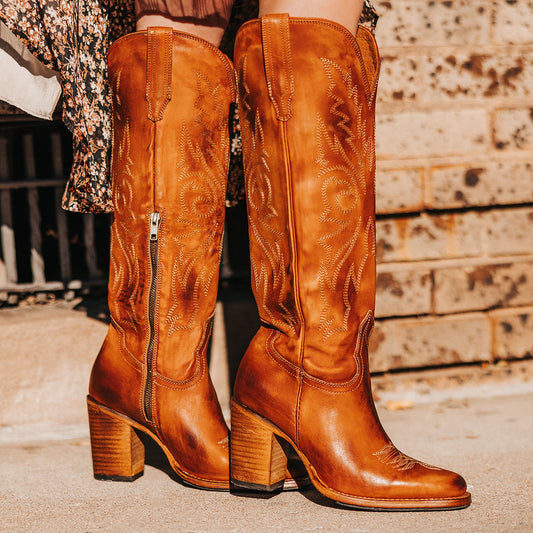 FREEBIRD women's Panama whiskey leather elevated cowboy boot with shaft stitch detailing, inside working brass zipper, stacked heel and a snip toe