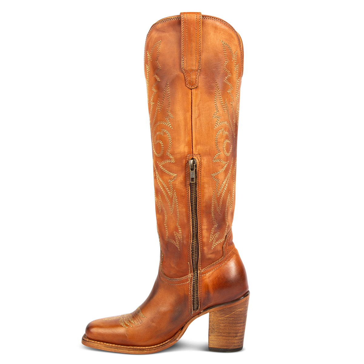 Inside view showing an inside working brass zipper, stacked heel and shaft stitch detailing on FREEBIRD women's Panama whiskey leather boot 