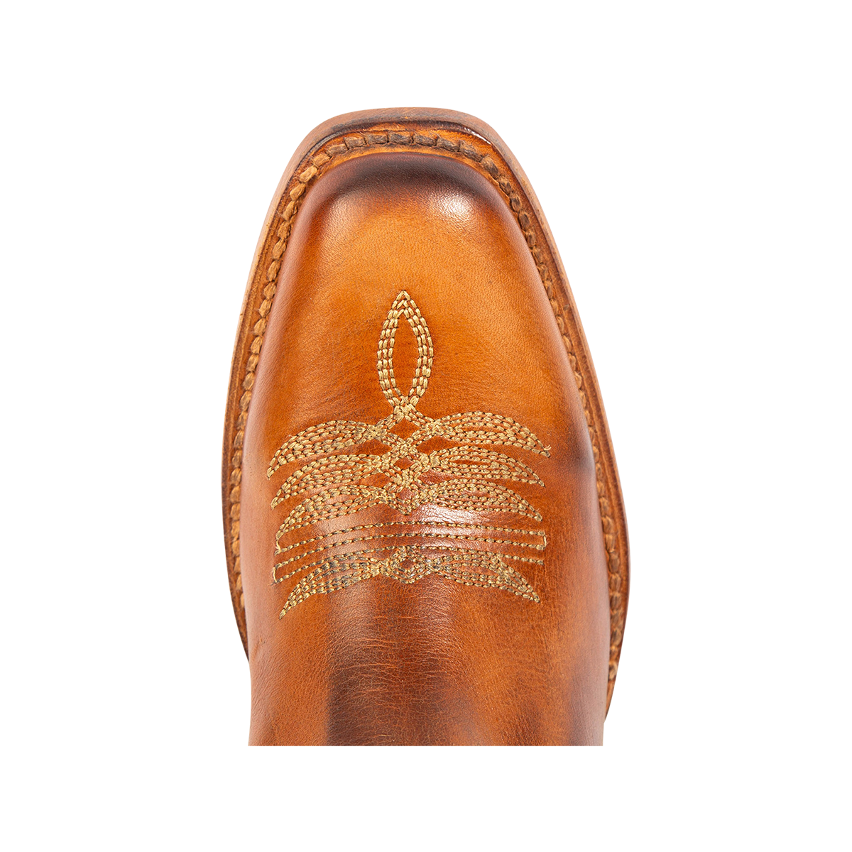 Top view showing a square toe and stitch detailing on FREEBIRD women's Panama whiskey leather boot 