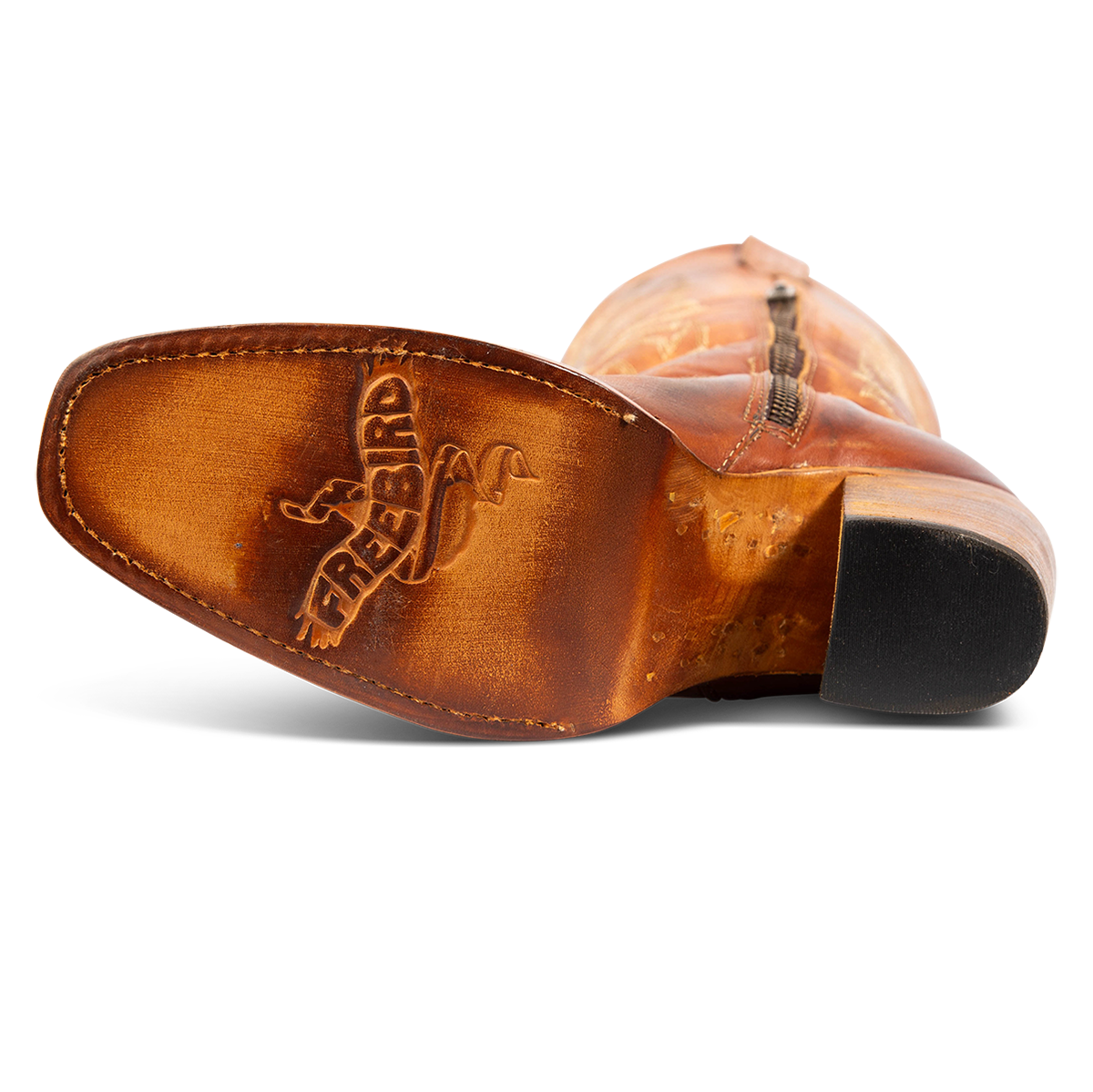 Leather sole imprinted with FREEBIRD on Panama women's whiskey leather boot 