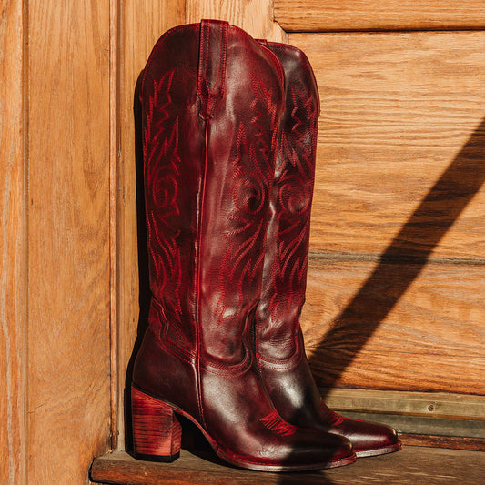 FREEBIRD women's Panama wine leather elevated cowboy boot with shaft stitch detailing, inside working brass zipper, stacked heel and a snip toe