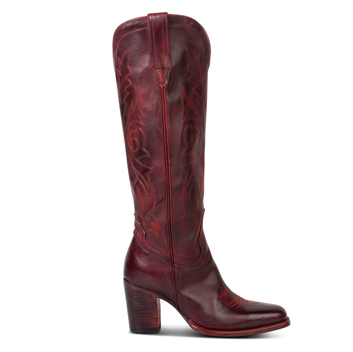 FREEBIRD women's Panama wine leather elevated cowboy boot with shaft stitch detailing, inside working brass zipper, stacked heel and a snip toe