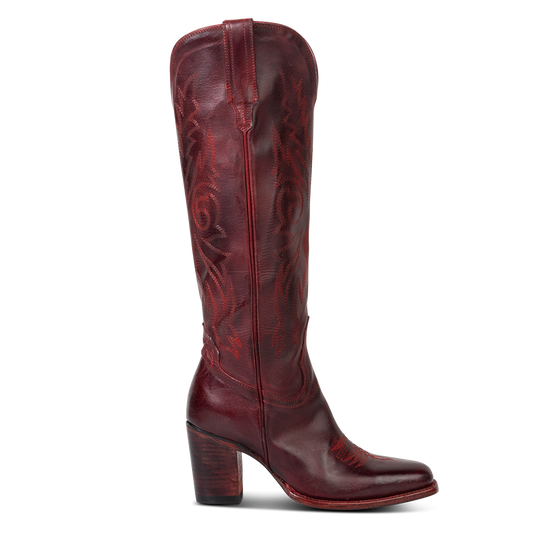 FREEBIRD women's Panama wine leather elevated cowboy boot with shaft stitch detailing, inside working brass zipper, stacked heel and a snip toe