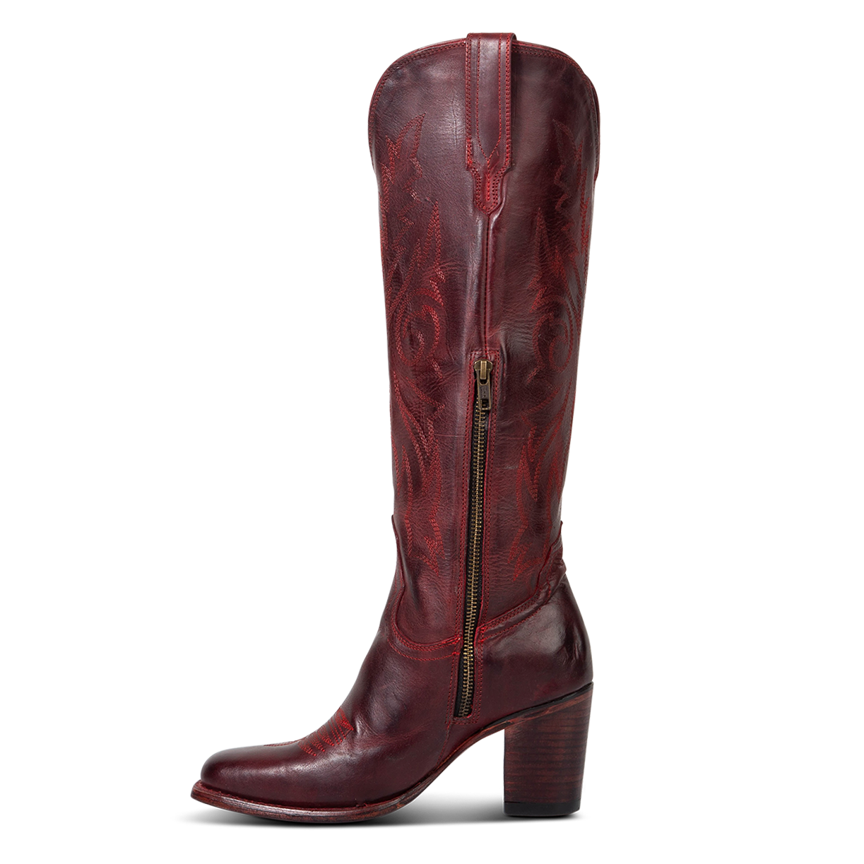 Inside view showing an inside working brass zipper, stacked heel and shaft stitch detailing on FREEBIRD women's Panama wine leather boot