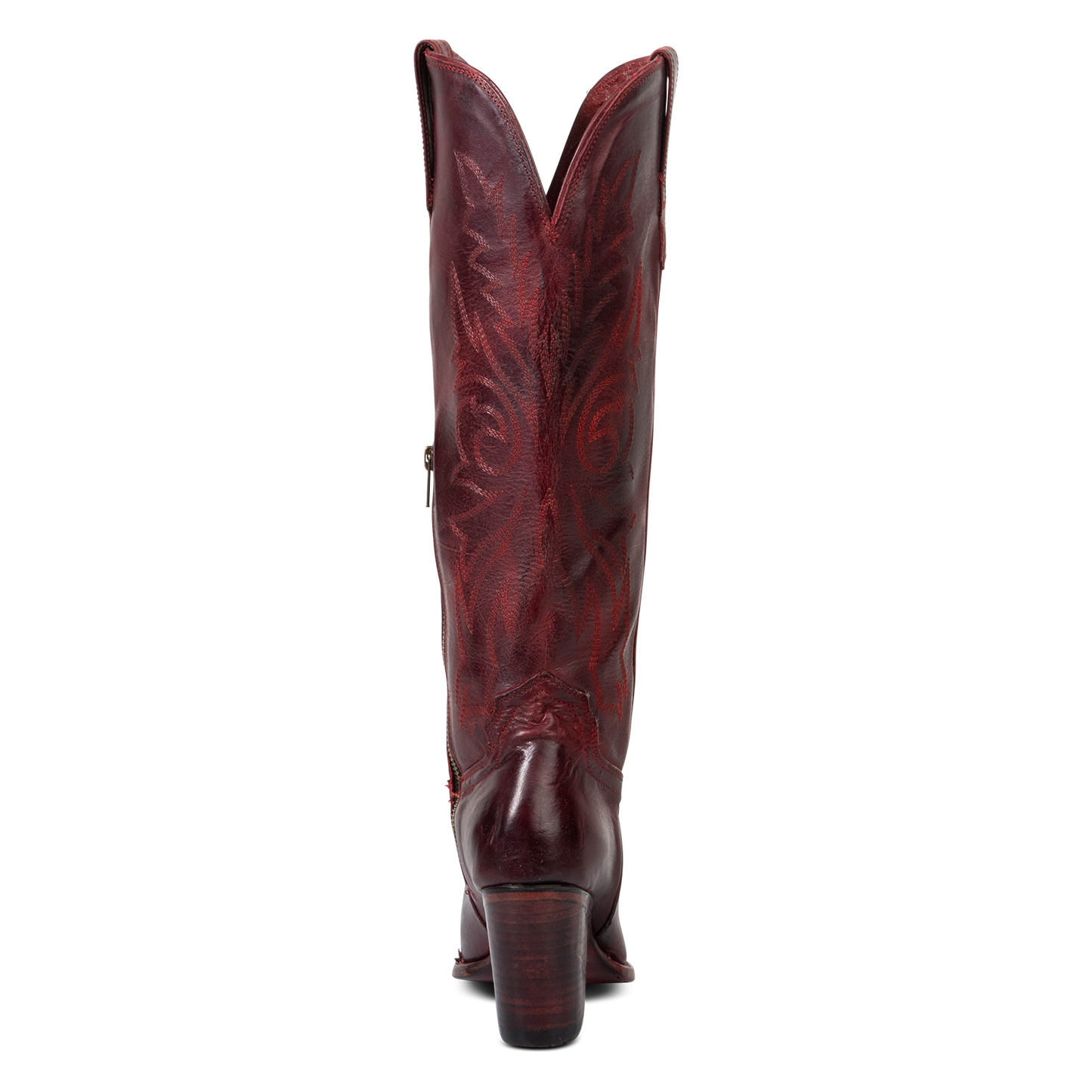 Back view showing a stacked heel, shaft stitch detailing and symmetrical leather pull straps on FREEBIRD women's Panama wine leather boot