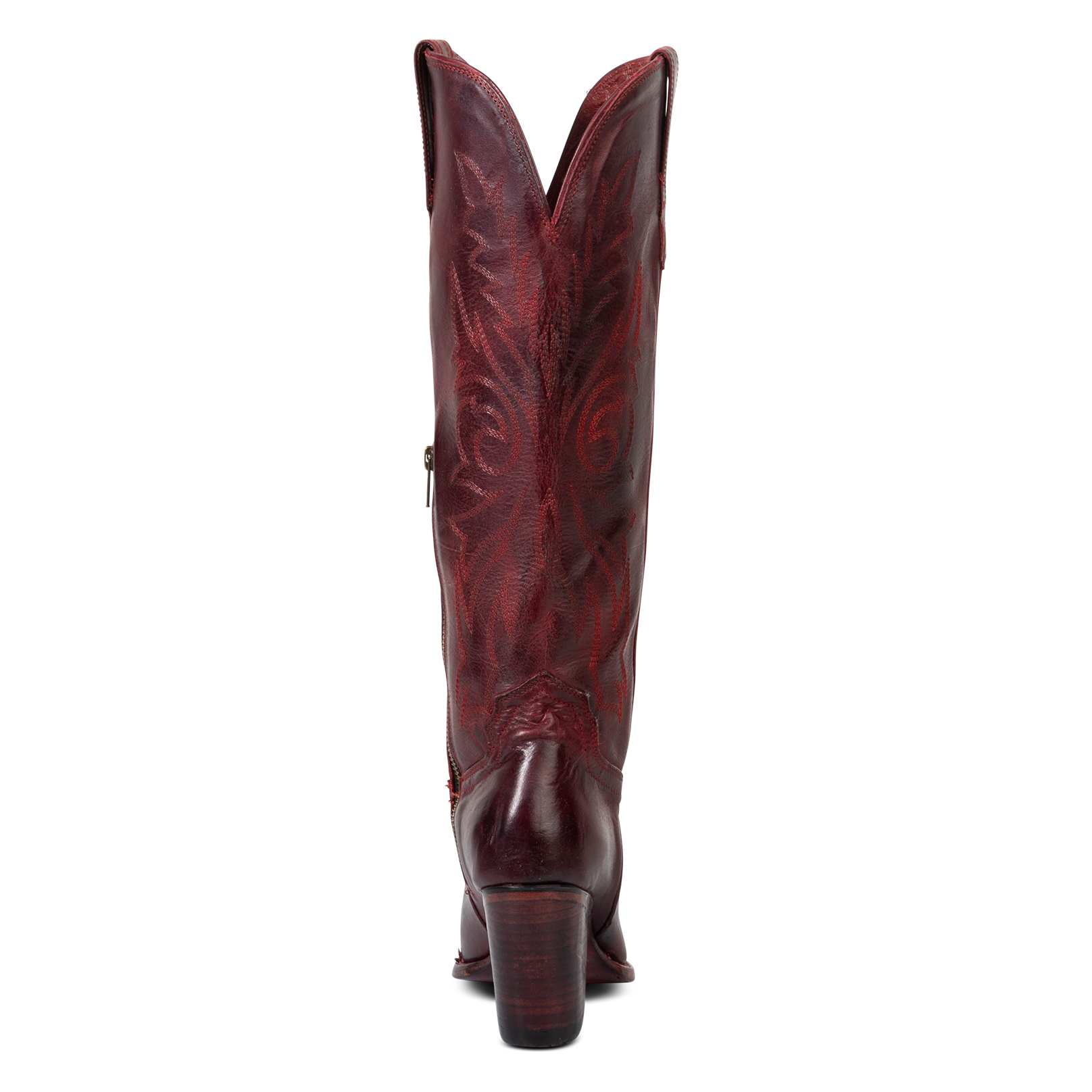 Back view showing a stacked heel, shaft stitch detailing and symmetrical leather pull straps on FREEBIRD women's Panama wine leather boot