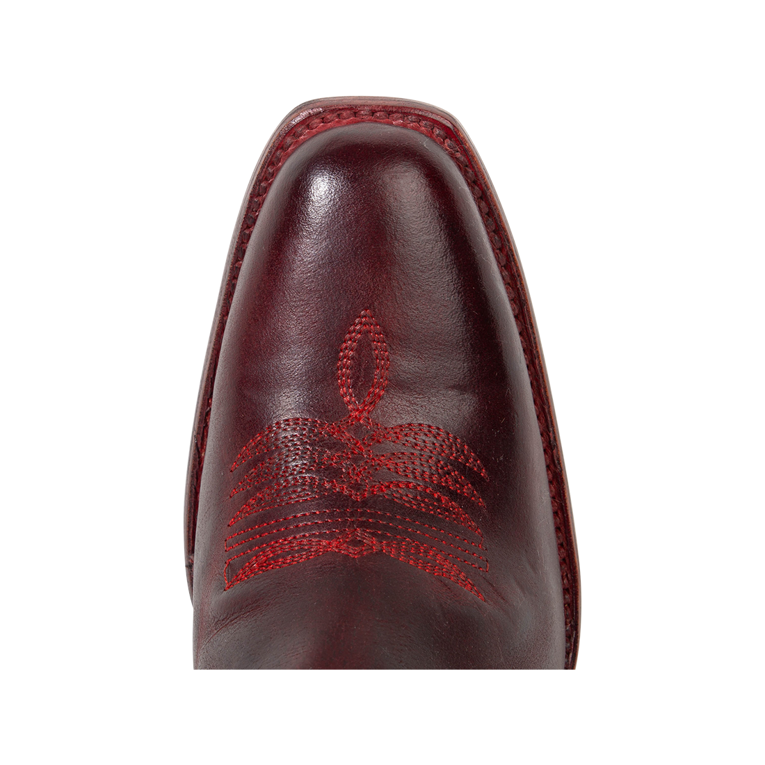 Top view showing a square toe and stitch detailing on FREEBIRD women's Panama wine leather boot