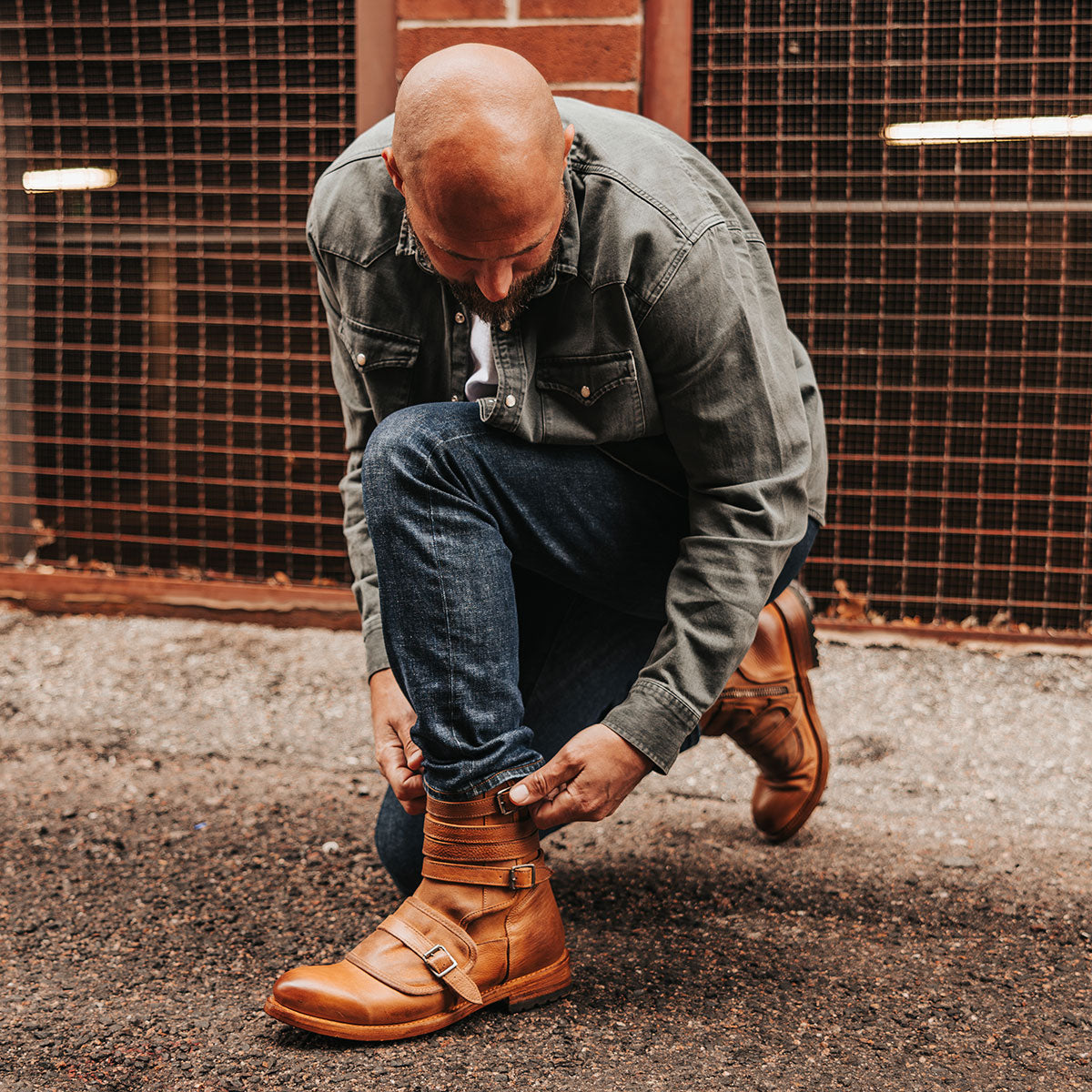 FREEBIRD men's Pantera tan suede and leather boot with multi straps and rubber tread sole lifestyle