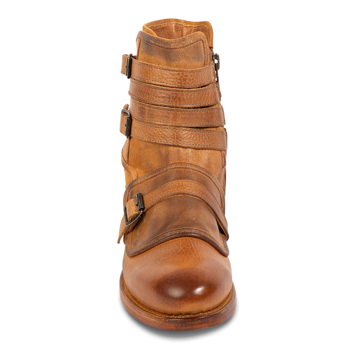 Front view showing multi strap construction with suede and leather upper shaft on FREEBIRD men's Pantera tan boot