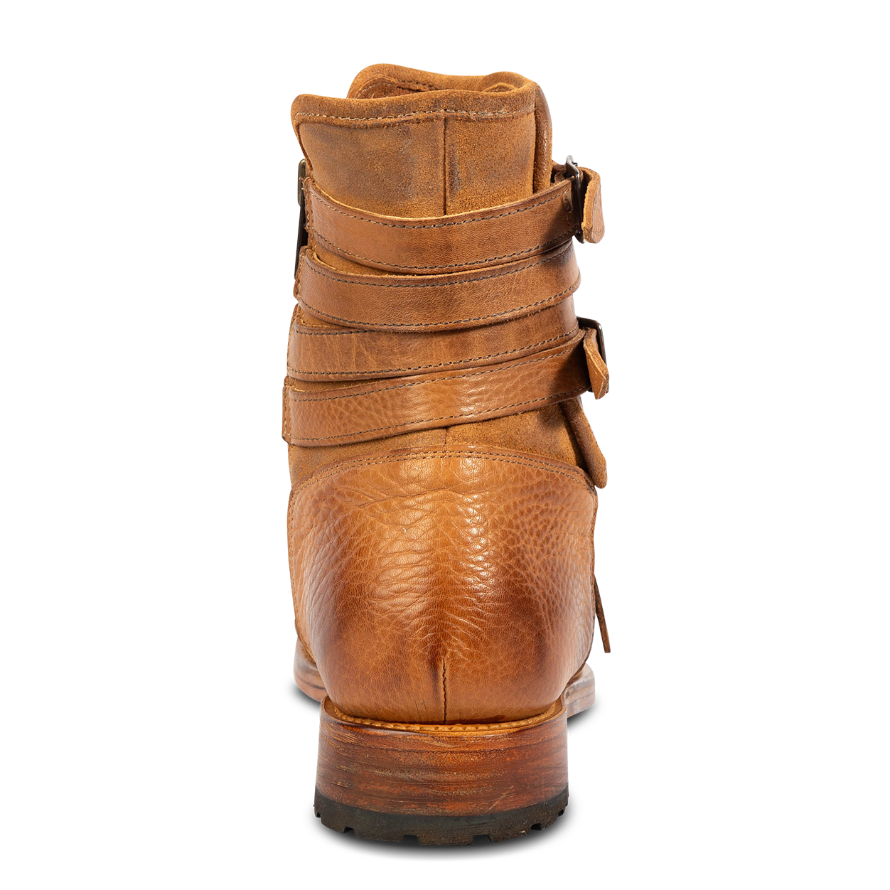 Back view showing four leather straps and low heel on FREEBIRD men's Pantera tan boot