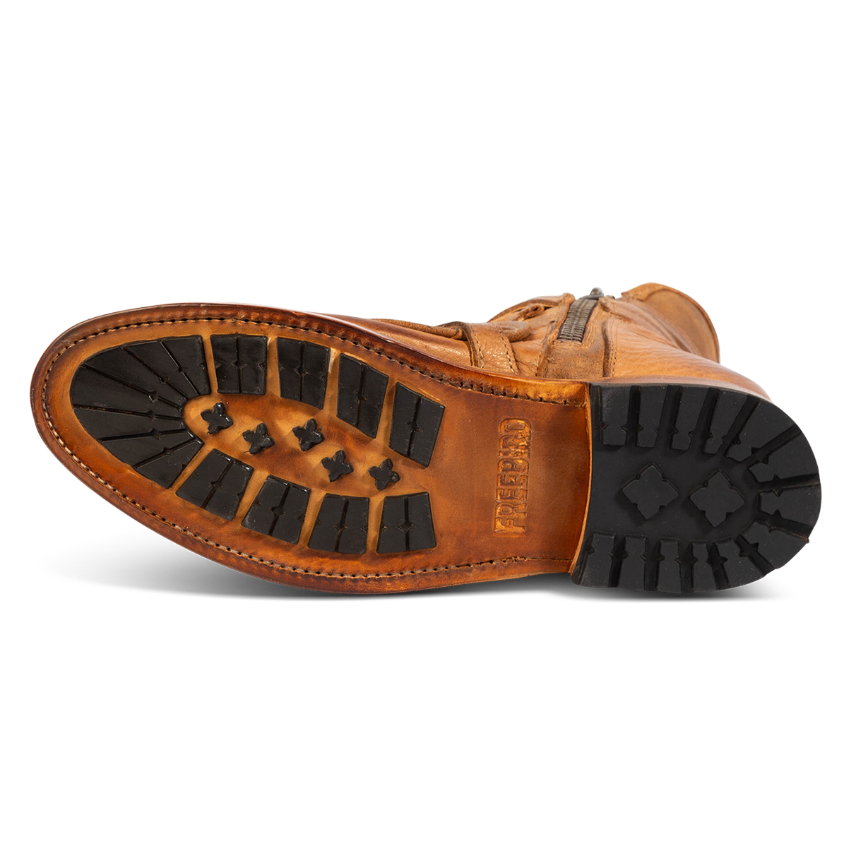 Rubber tread sole imprinted with FREEBIRD on men's Pantera tan boot