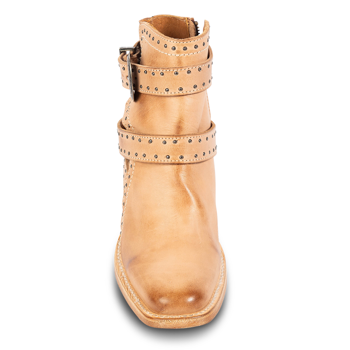 Front view showing brass hardware belt, silver stud embellishments and a square toe construction on FREEBIRD women's Patsy beige leather bootie 