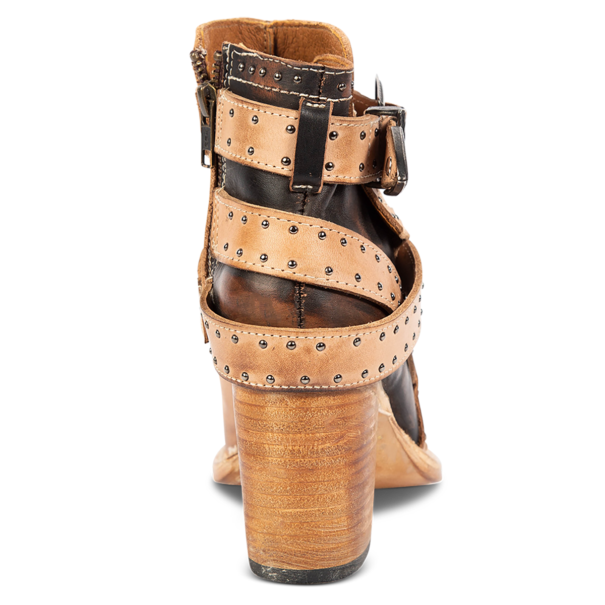 Back view showing silver stud embellishments, a stacked heel and inside working brass zipper on FREEBIRD women's Patsy beige leather bootie