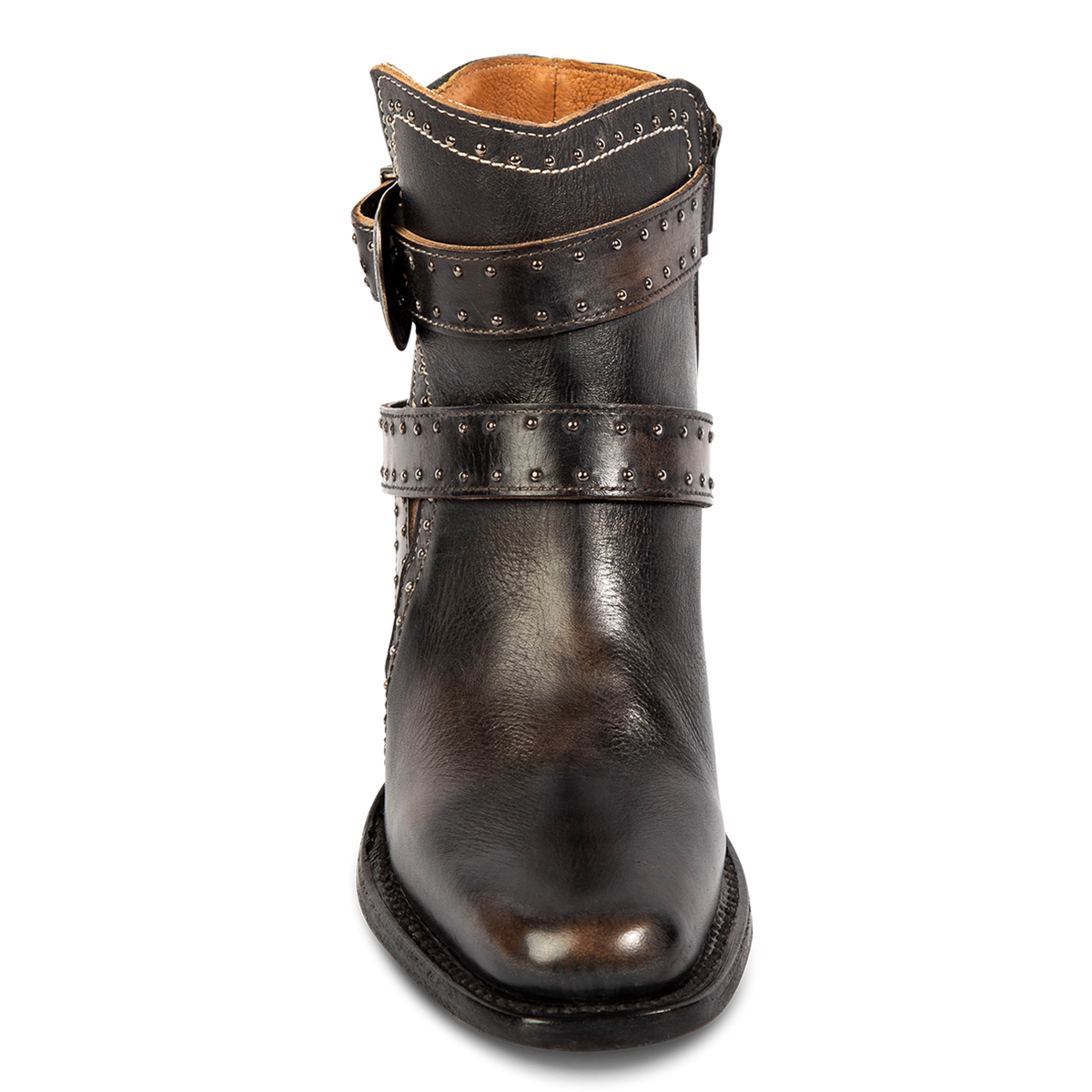 Front view showing brass hardware belt, silver stud embellishments and a square toe construction on FREEBIRD women's Patsy black leather bootie