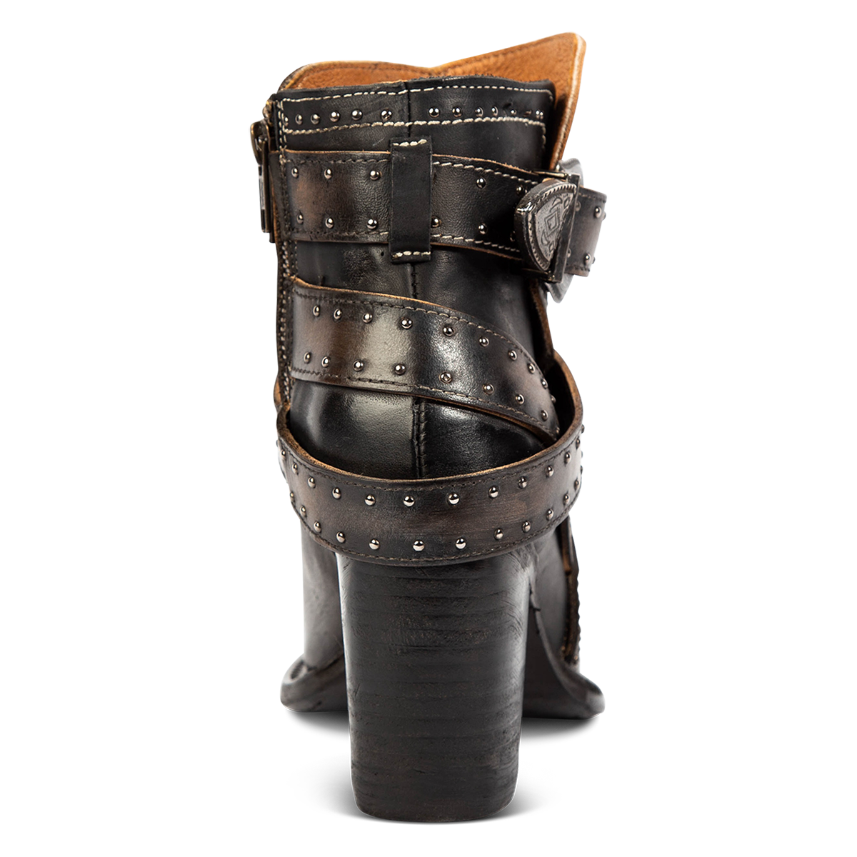 Back view showing silver stud embellishments, a stacked heel and inside working brass zipper on FREEBIRD women's Patsy black leather bootie