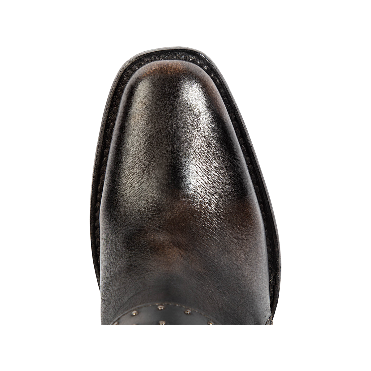 Top view showing square toe construction and a Goodyear welt on FREEBIRD women's Patsy black leather bootie