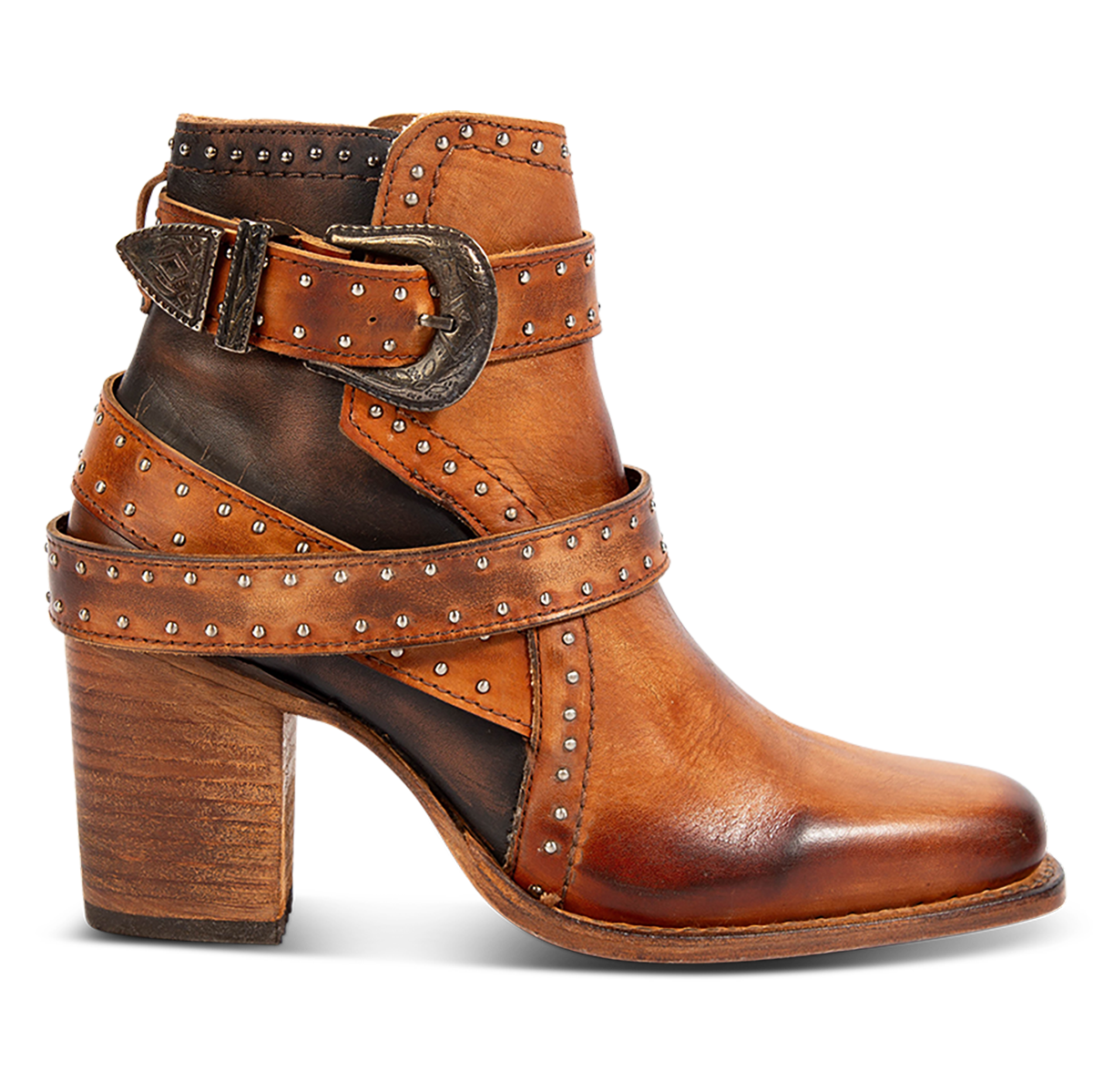 FREEBIRD women's Patsy whiskey leather bootie with a brass hardware belt, silver stud elements and inside working brass zipper