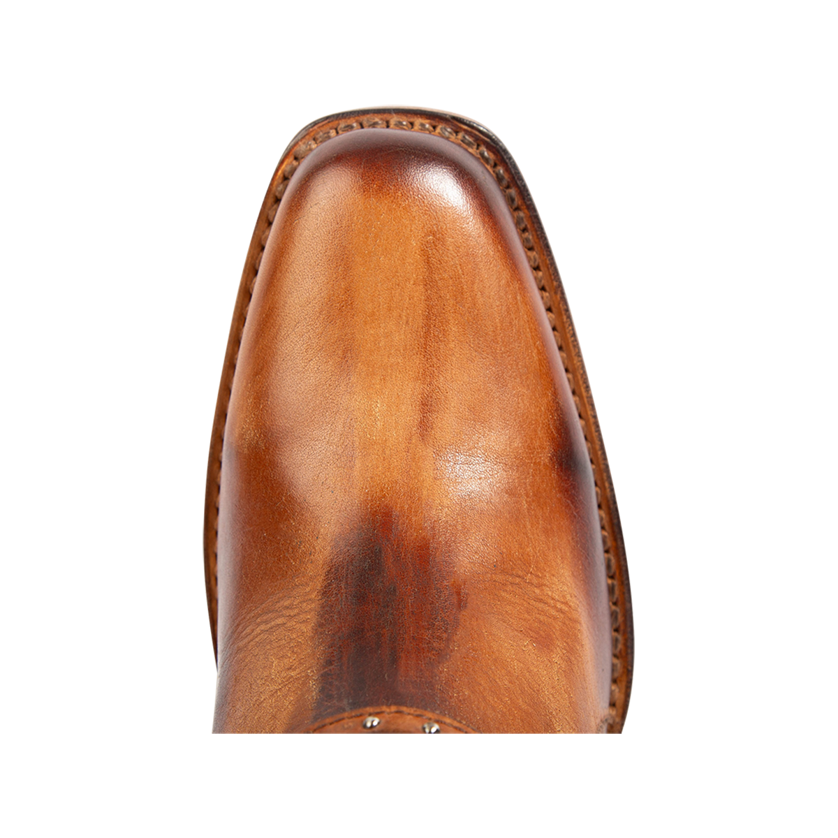 Top view showing square toe construction and a Goodyear welt on FREEBIRD women's Patsy whiskey leather bootie