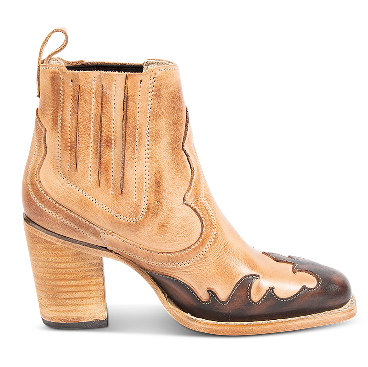 FREEBIRD women's Paula beige multi contrast leather overlay bootie with gore detailing, stacked heel and heel leather pull tab