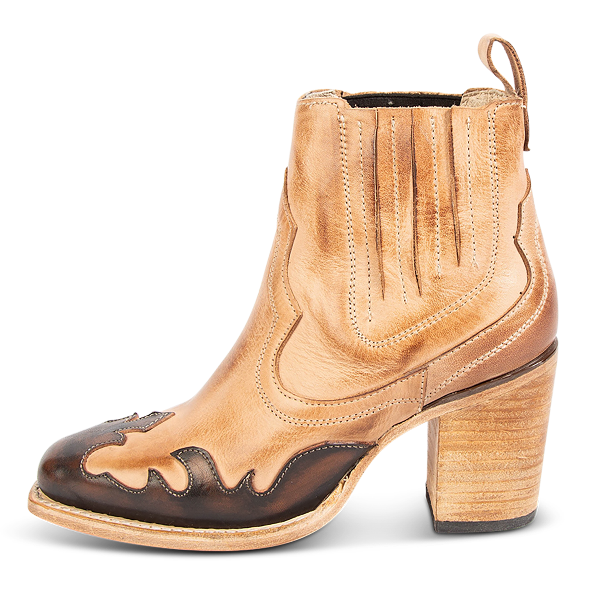Inside view showing FREEBIRD women's Paula beige multi contrast leather overlay bootie with gore detailing, stacked heel and heel leather pull tab