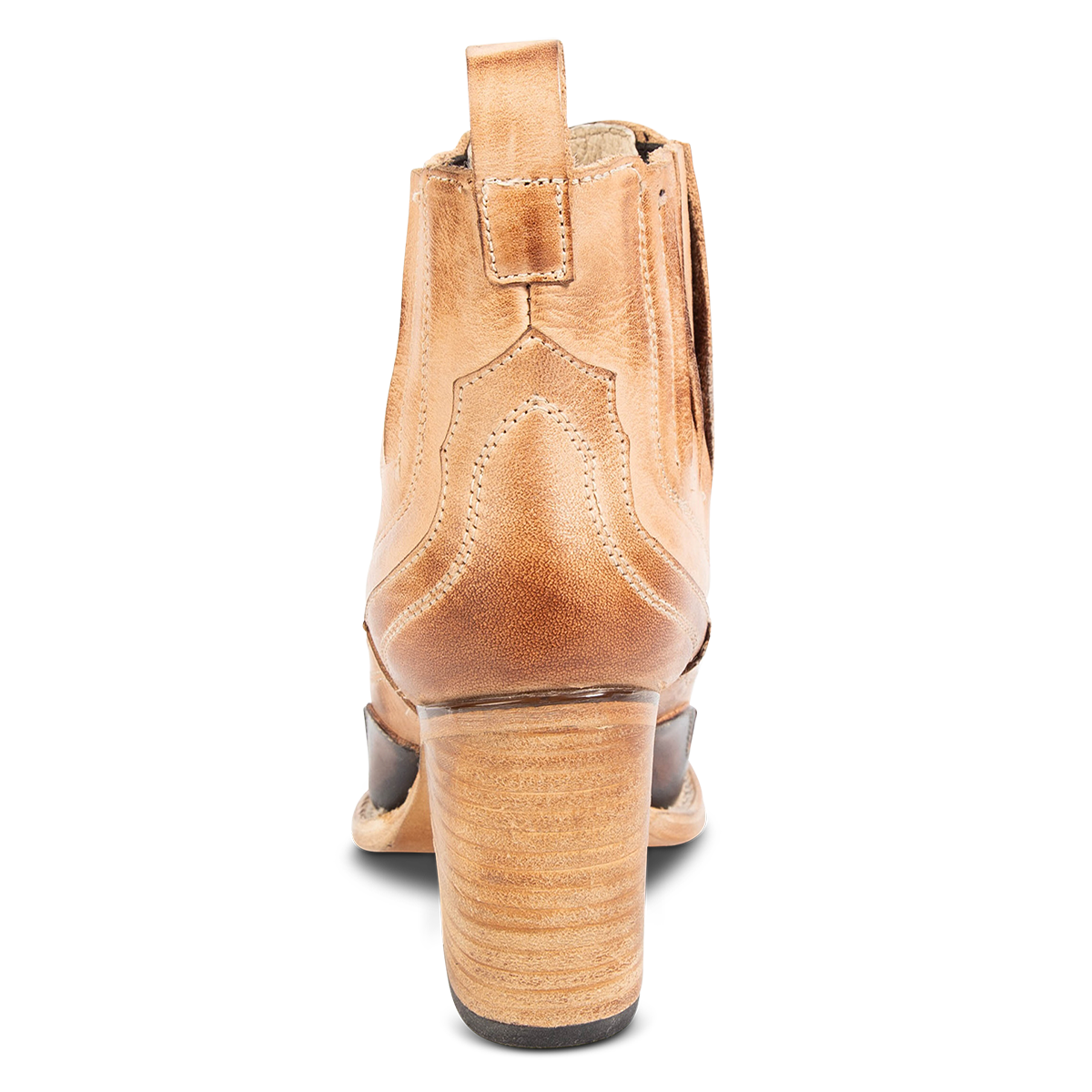 Back view showing FREEBIRD women's Paula beige multi contrast leather overlay bootie with gore detailing, stacked heel and heel leather pull tab