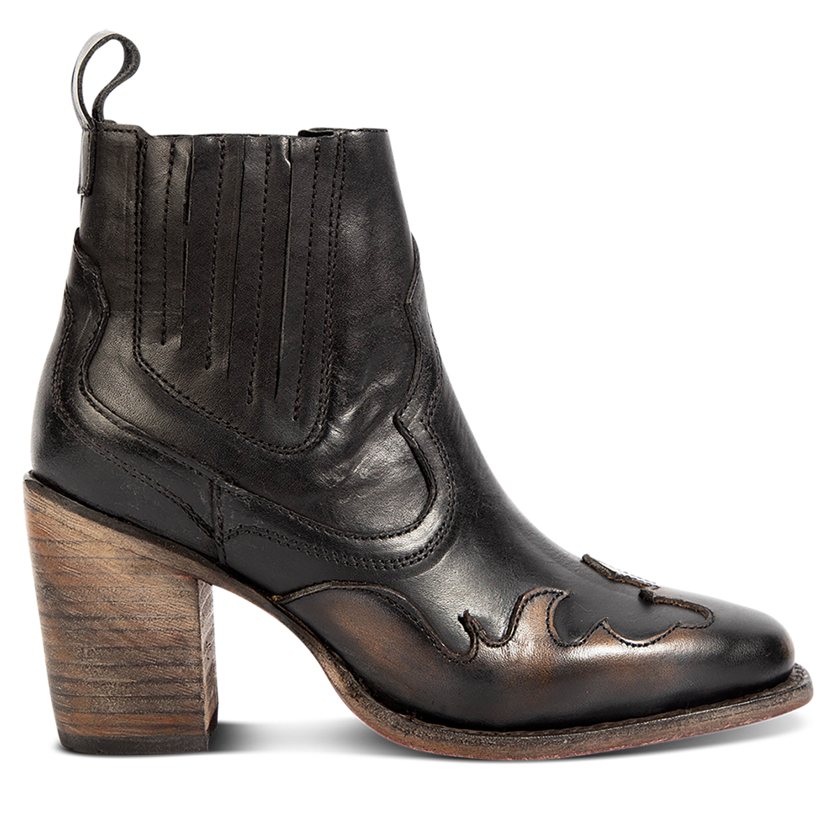 FREEBIRD women's Paula black multi contrast leather overlay bootie with gore detailing, stacked heel and heel leather pull tab