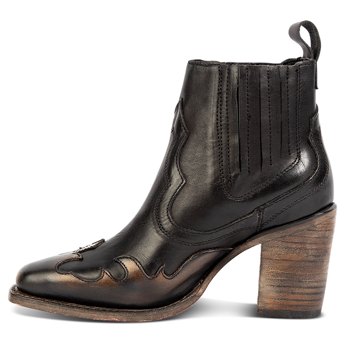 Inside view showing FREEBIRD women's Paula black multi contrast leather overlay bootie with gore detailing, stacked heel and heel leather pull tab