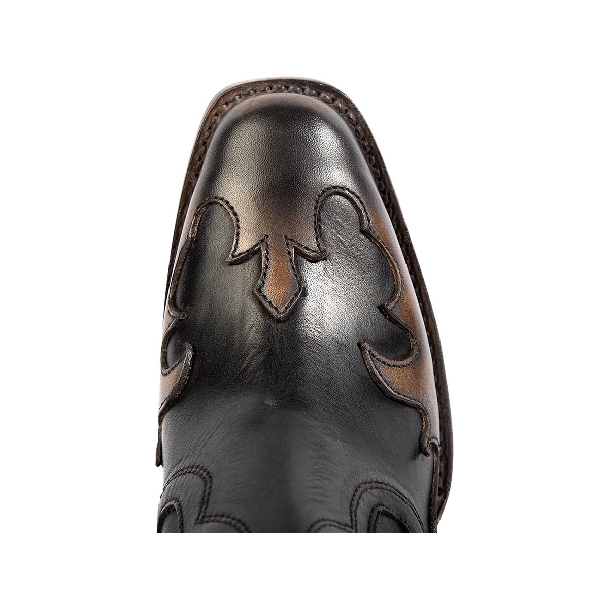 Top view showing a contrasting leather overlay design and 100% full grain leather on FREEBIRD women's Paula beige multi women's leather bootie