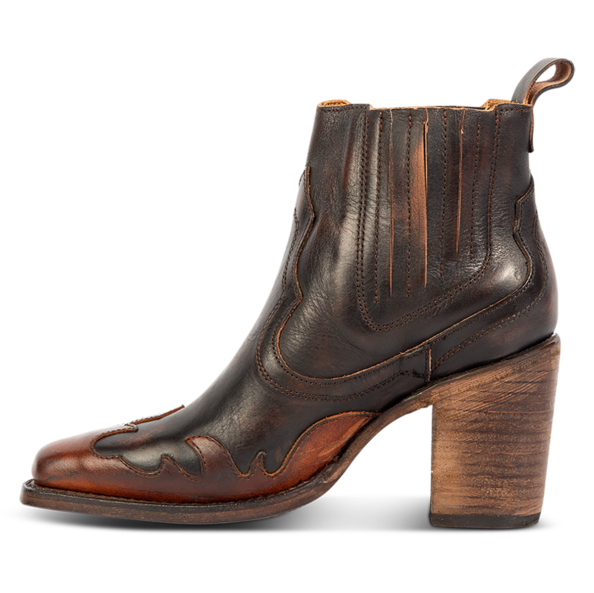 Inside view showing FREEBIRD women's Paula cognac multi contrast leather overlay bootie with gore detailing, stacked heel and heel leather pull tab