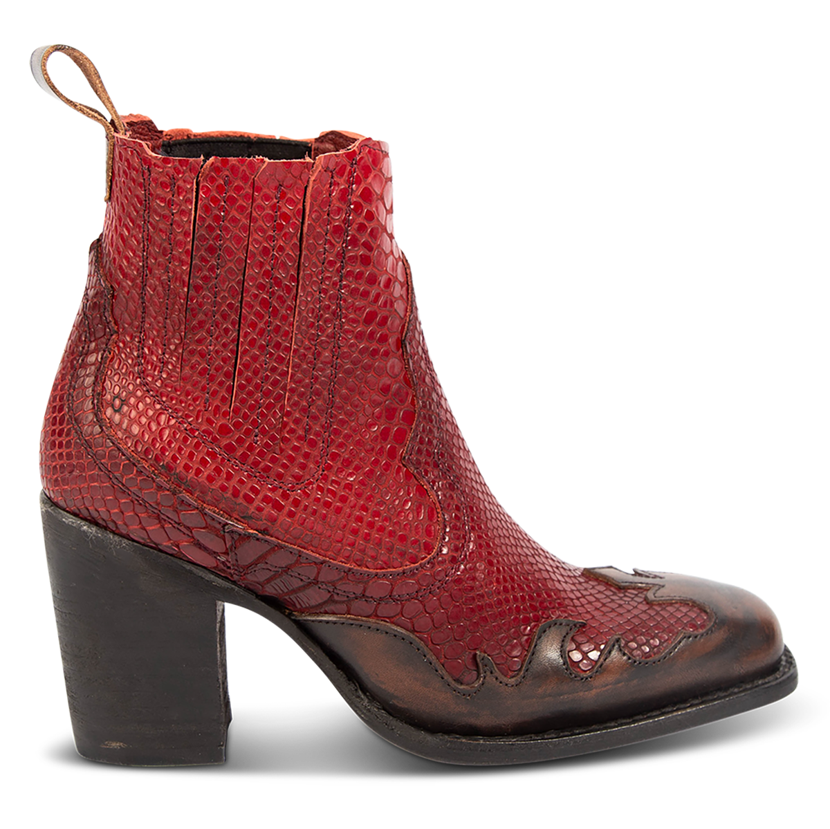 FREEBIRD women's Paula red multi contrast leather overlay bootie with gore detailing, stacked heel and heel leather pull tab
