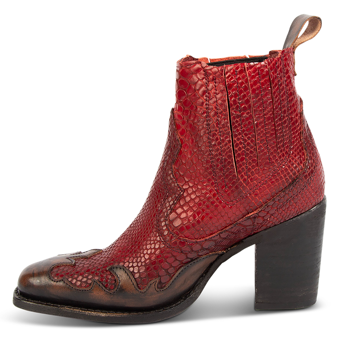 Inside view showing FREEBIRD women's Paula red multi contrast leather overlay bootie with gore detailing, stacked heel and heel leather pull tab