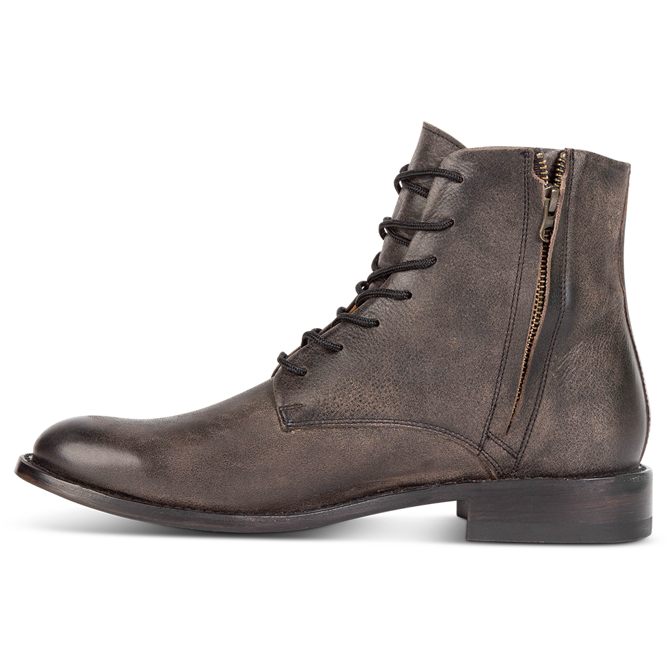 Inside view showing working zip closure, leather zipper cover, and stitch detailing on FREEBIRD men's Paxton black ankle boot