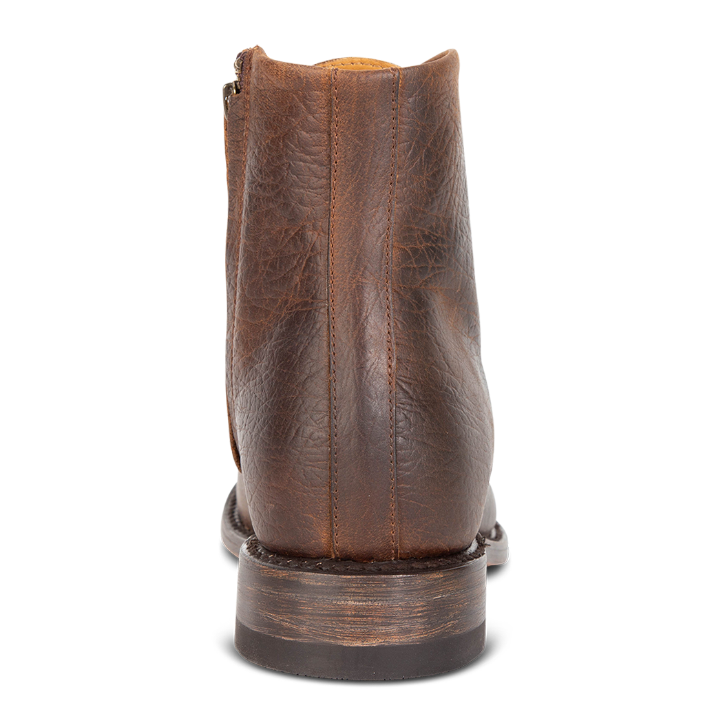 Back view showing low heel on FREEBIRD men's Paxton brown ankle boot
