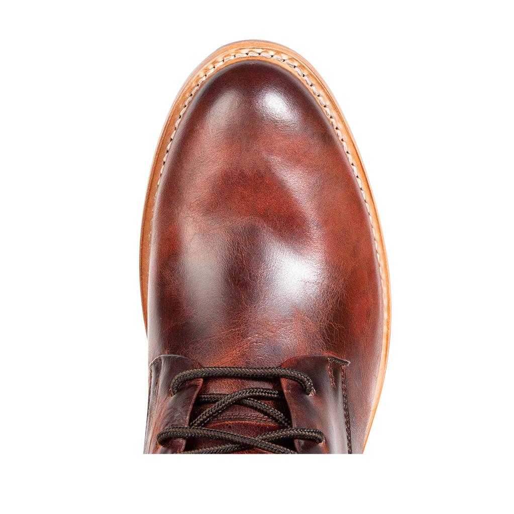 Top view showing almond toe on FREEBIRD men's Paxton cognac ankle boot