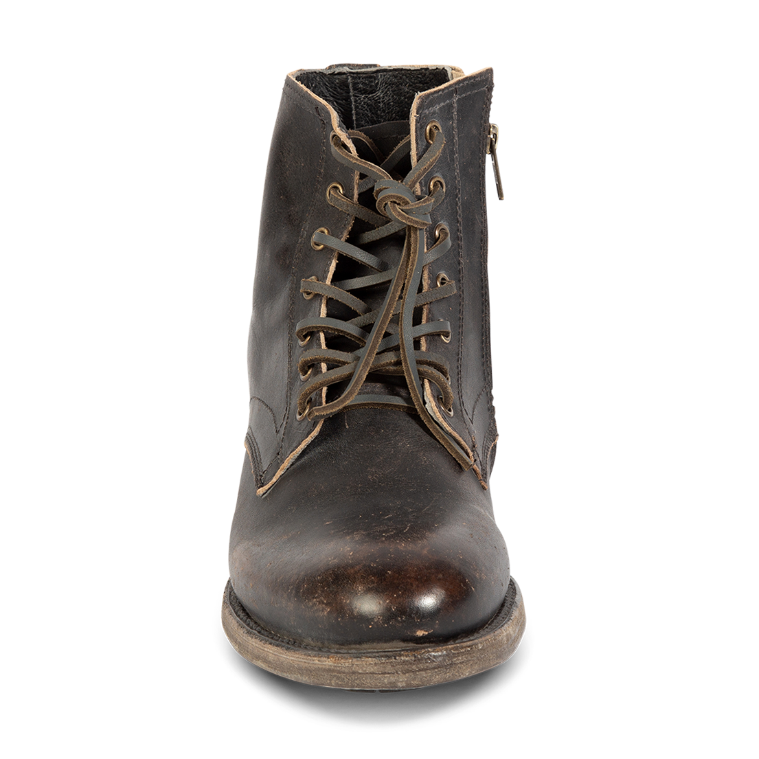 Front view showing FREEBIRD men's Pendleton black leather almond toe ankle boot with front leather lacing