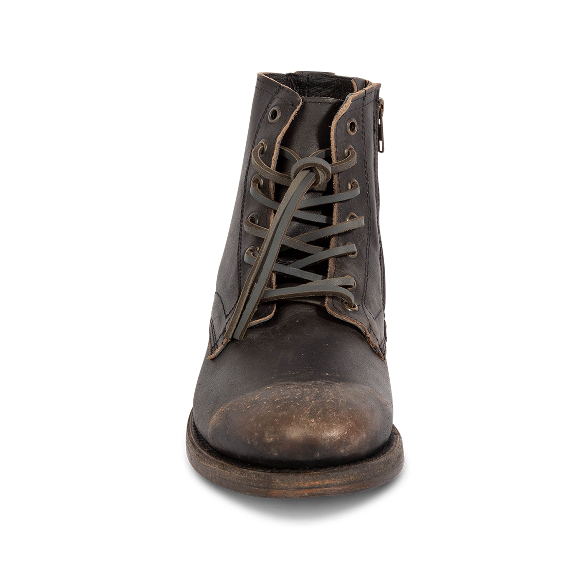 Front view showing FREEBIRD men's Pendleton black leather almond toe ankle boot with front leather lacing