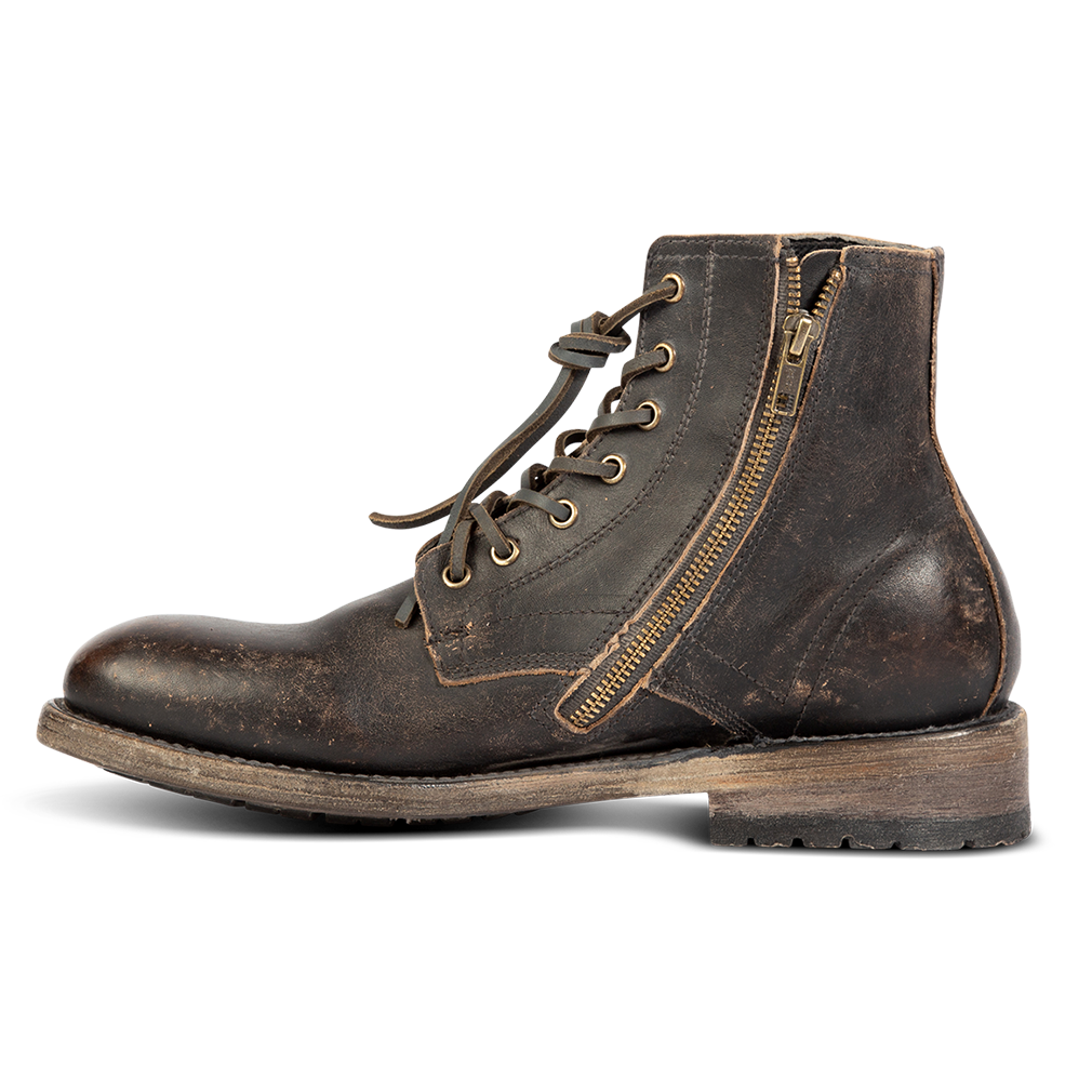 Inside view showing FREEBIRD men's Pendleton black leather inside zip low heel ankle boot with almond toe
