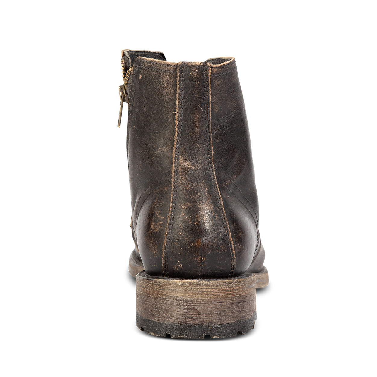 Back view showing low, lifted heel on FREEBIRD men's Pendleton black leather ankle boot