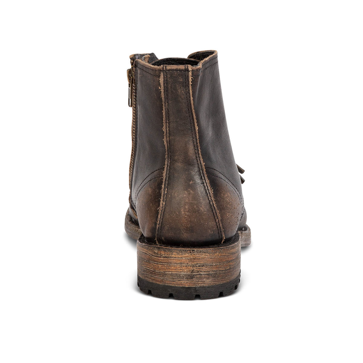 Back view showing low, lifted heel on FREEBIRD men's Pendleton black leather ankle boot