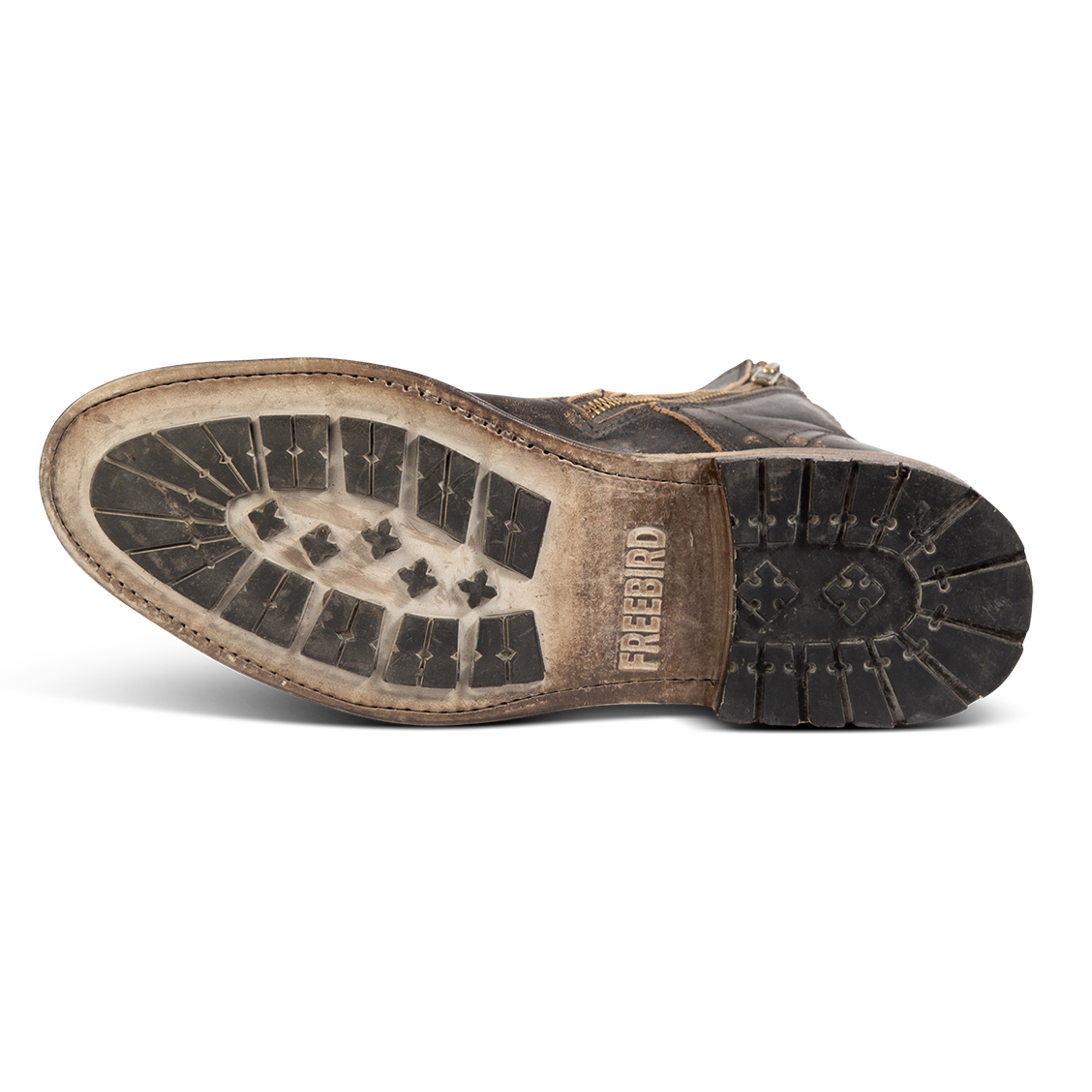 Rubber sole imprinted with FREEBIRD on Pendleton men's black leather ankle boot 