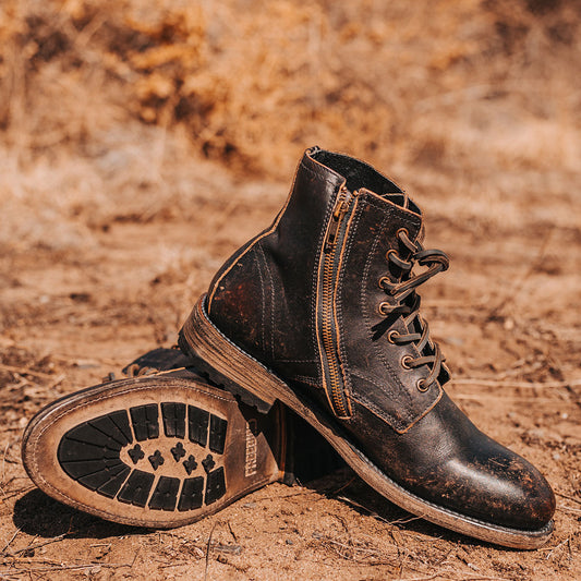 FREEBIRD men's Pendleton black leather inside zip low heel ankle boot with almond toe