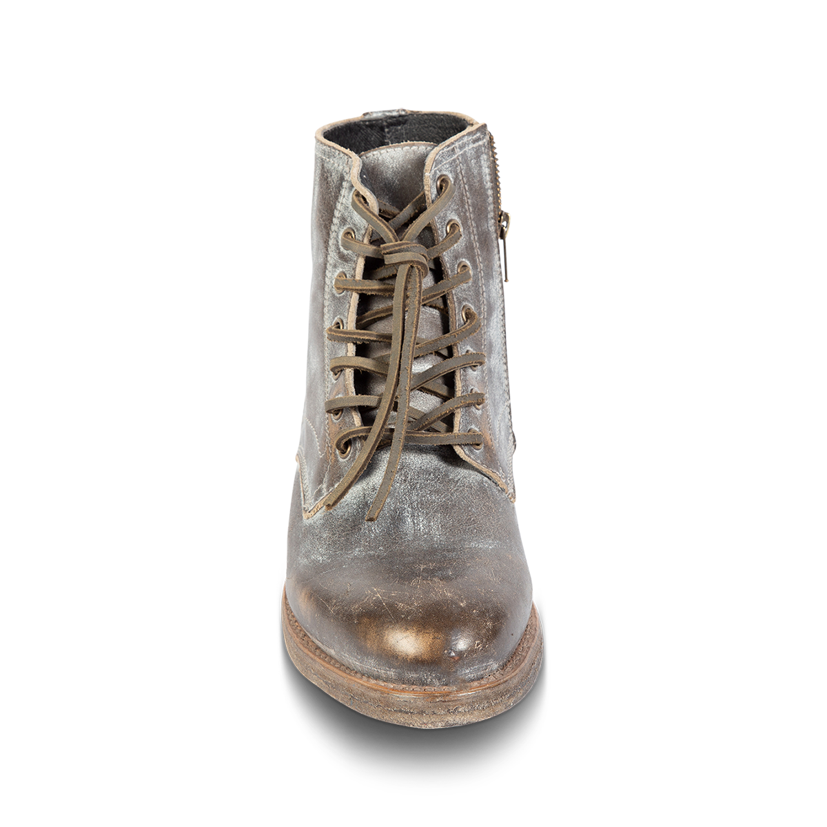 Front view showing FREEBIRD men's Pendleton ice leather almond toe ankle boot with front leather lacing